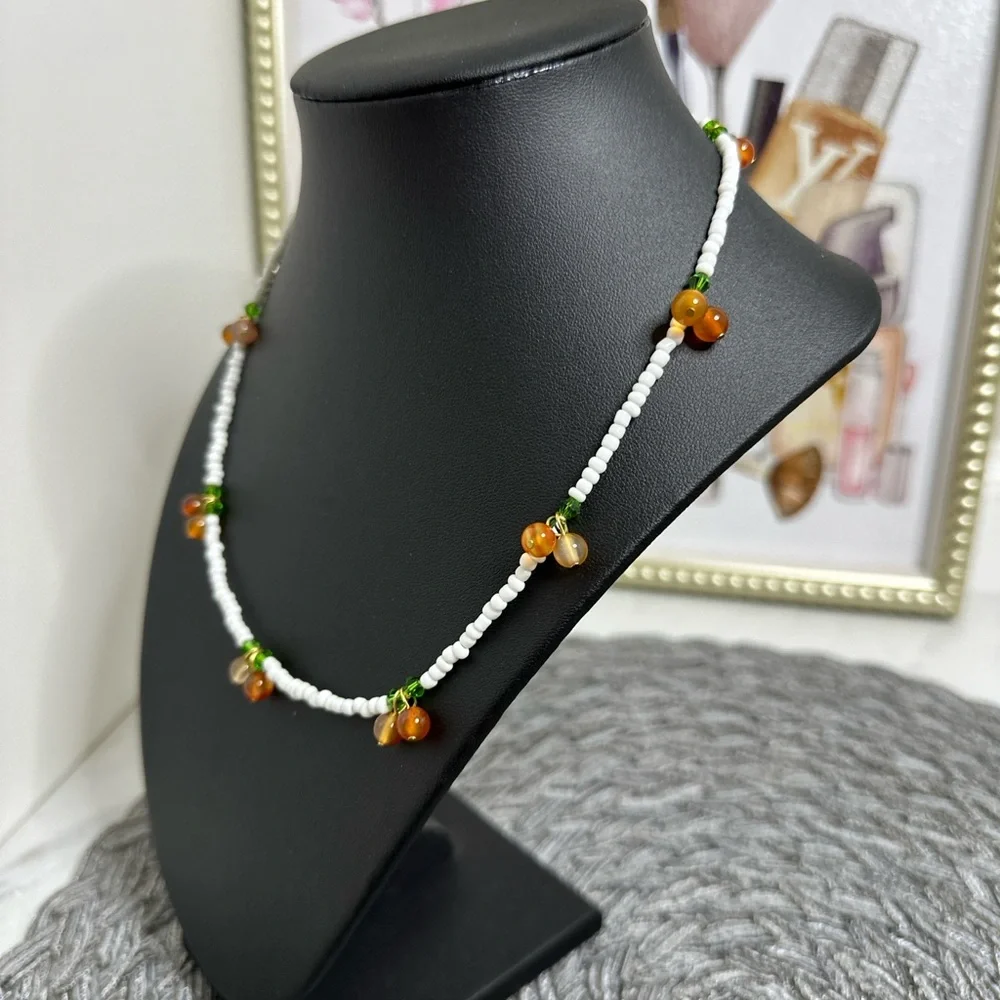 Natural Agate Fruity Beaded Necklace with seed beads